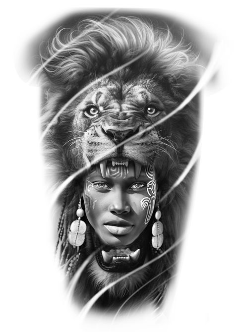 Lion Art Tattoo, Shadow Tattoo, African Tattoo, Half Sleeve Tattoos Drawings, Conceptual Artwork, Girl Face Tattoo, Tiger Tattoo Design, Lion Tattoo Design, Warrior Tattoos