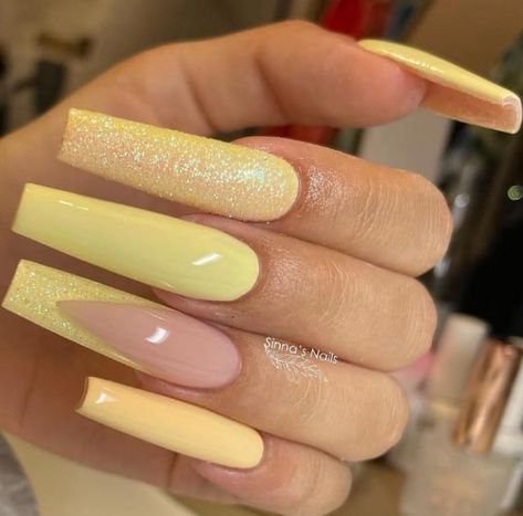 Yellow Nails Coffin Short, Shades Of Yellow Nails, Yellow Acrylic Nails Coffin With Design, Yellow Nail Inspo Acrylic, Nail Ideas Yellow, Soft Yellow Acrylic Nails, Yellow Nails With Glitter, Yellow Quince Nails, Pastel Yellow Acrylic Nails