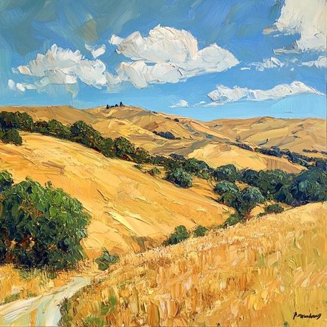 This exquisite oil painting of the California Golden Hills, created by Susan Page, captures the breathtaking beauty of the landscape with its rich, golden hues. The vibrant colors evoke the warmth of the California sun, highlighting the rolling hills and creating a sense of serenity and charm. The artist's masterful brushwork adds depth and texture, making the scene come alive. This beautiful piece is perfect for decorating your space, infusing it with a touch of color and the tranquil essence o American Landscape Painting, Farmland Painting, Rolling Hills Painting, Western Landscape Art, Golden Landscape, California Painting, California Hills, Large Landscape Painting, Colorful Landscape Paintings