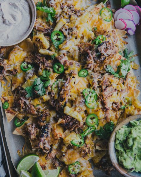 Sheet Pan Nachos with Carnitas & Pineapple - Feeding The Frasers Nachos Photography, Easy Sheet Pan Nachos, Carnitas Nachos, Baked Buffalo Chicken Dip, Sheet Pan Nachos, Pan Nachos, Cucumber Kimchi, Roasted Pineapple, Sour Cream Dip