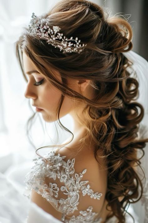 Bridal Hair Ideas Half Up Half Down, Long Hairstyles For Brides With Veil, Hair Up And Down Wedding, Bride Hairstyles Half Up Half Down Tiara, Bridal Hair Styles With Tiara, Long Hair Wedding Styles With Tiara, Wedding Hair Styles With Tiara, Wedding Hair Long Hair Down, Bride Wedding Hair With Tiara