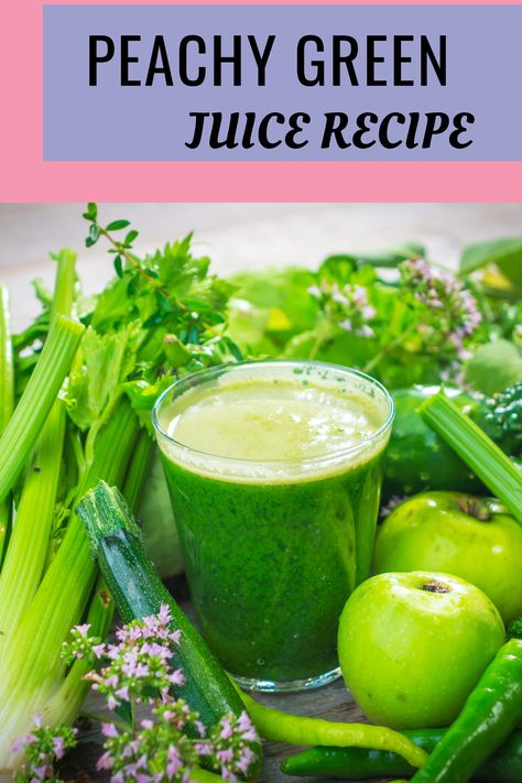 PEACHY GREEN JUICE RECIPE Juicing Recipes With Peaches, Kale Juicing Recipes, Juiceland Smoothies Recipes, Juicing Peaches, Fall Juices, Best Green Juice, Cold Pressed Juice Recipes, Morning Juice Recipe, Fresh Juice Recipes