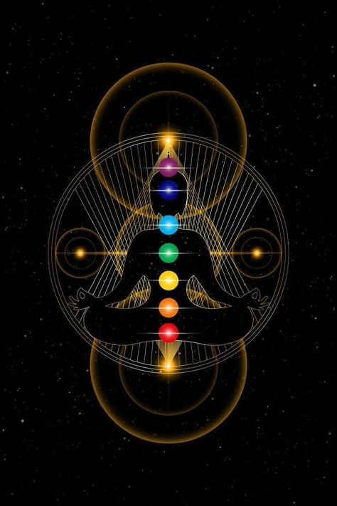 Buddha over gold Sacred Geometry with colorful chakras. Seven chakras, energy body and Yogi meditating in the lotus position. Vector isolated on glowing starry black background Yogi Meditating, Chakra Meditation Art, Body Chakras, Chakra Healing Meditation, Sacred Geometry Patterns, Chakra Art, Pagan Art, Seven Chakras, Geometry Pattern