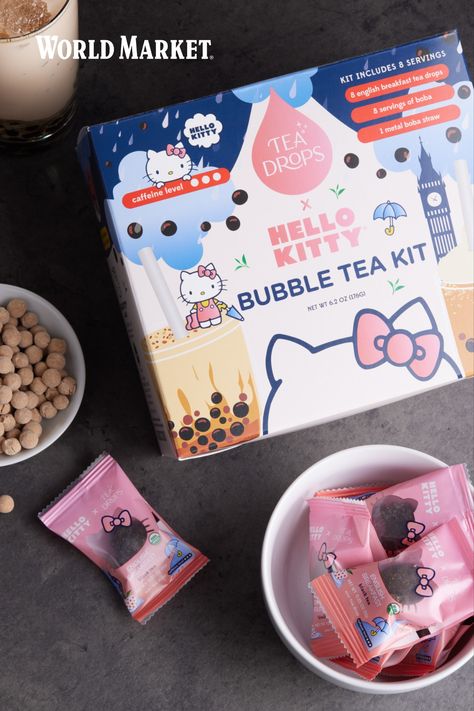 Create irresistible boba tea at home with this Hello Kitty-themed kit from Tea Drops. It includes organic Hello Kitty-shaped tea drops designed to dissolve in hot water, tapioca bubbles and a metal straw. Brighten any boba or Hello Kitty-lover's day with this giftable set. #WorldMarket #HelloKitty #BubbleTea #AsianCuisine #GlobalFoodFinds Boba Tea At Home, Tea Drops, Aesthetic Drinks, Tea At Home, English Breakfast Tea, Lovers Day, Food Favorites, International Food, English Breakfast