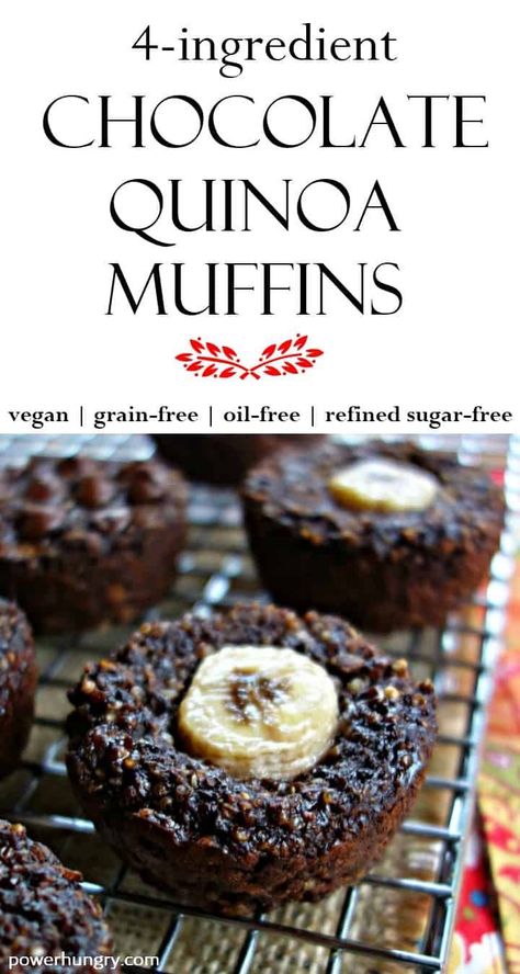 4-Ingredient Chocolate Quinoa Muffins {Vegan, Gluten-Free, Oil-Free} | power hungry Quinoa Dessert Recipes, Quinoa Desserts, Chocolate Quinoa, Quinoa Muffins, Banana Oat Muffins, Muffins Vegan, High Protein Desserts, Mug Cakes, Protein Desserts