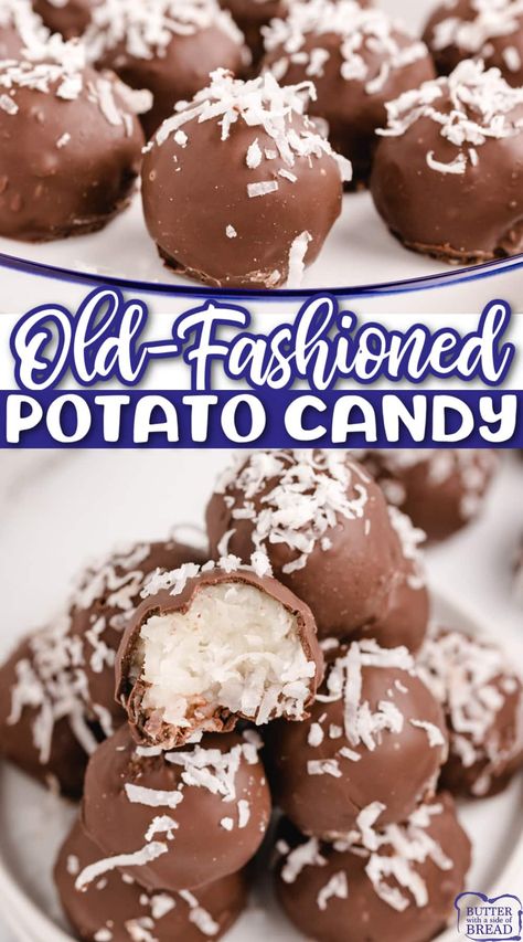 Mashed Potato Fudge, Maine Potato Candy, Mashed Potato Dessert, Idaho Spud Candy Recipe, North Fork Potato Candy, Potato Candy Easy, Mashed Potato Candy Recipe, Potato Candy With Instant Potatoes, Chocolate Dipped Potato Chips