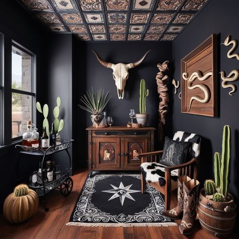 Cowboy Gothic Decor, Western Witchy Decor, Yallternative Home Decor, Gothic Western Home Decor, Western Gothic Decor, Dark Western, Southwestern Interior, Ornate Ceiling, Gothic Interior Design