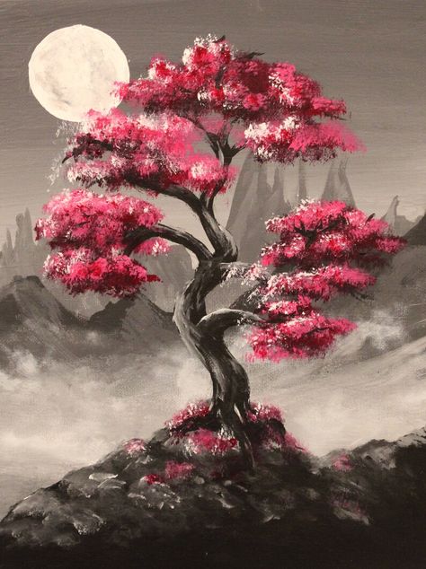 Easy Landscape Paintings, Monochrome Painting, Tree Painting Canvas, Moon Tree, Painting Trees, Pink Tree, Color Magenta, Pink Trees, Tree Canvas