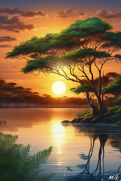 A sunset over a body of water, very beautiful forest of acacia trees at the waters edge, exotic trees, night, by Melak Mk Beautiful Paintings Of Nature, Beautiful Landscape Paintings, Beach Art Painting, Remain Calm, Beautiful Landscape Photography, Soyut Sanat Tabloları, Beautiful Art Pictures, Moon Painting, Landscape Art Painting