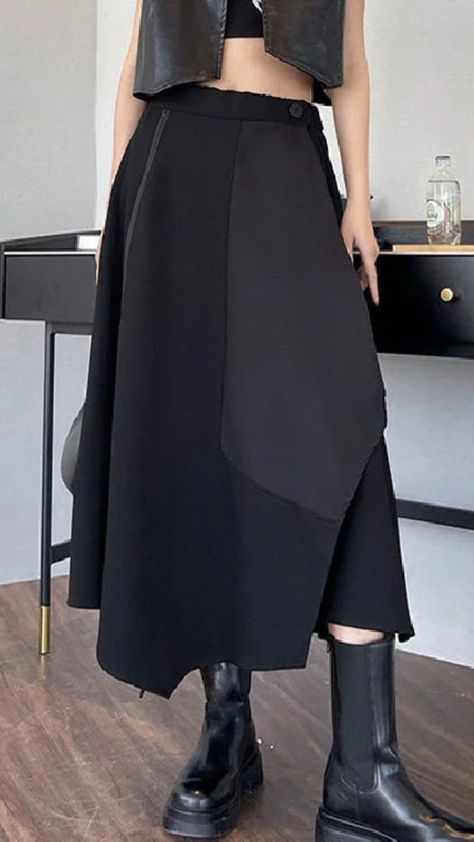 Casual High Waisted Black Irregularity Patchwork Skirt Techwear Skirt, Fashion Core, Techwear Fashion, Body Skirt, Patchwork Skirt, Irregular Hem, Hem Skirt, Linnet, Long Shirt Dress