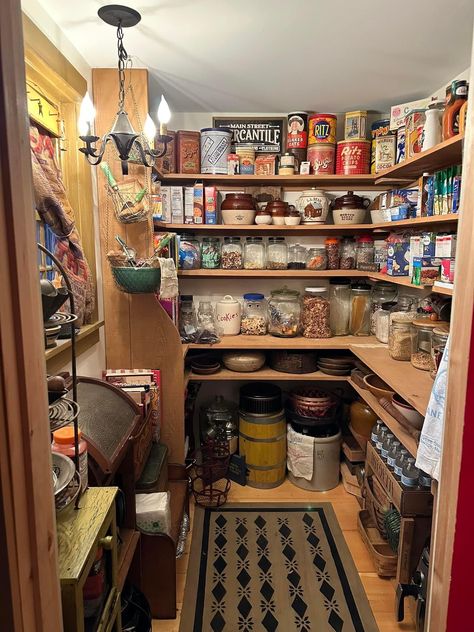 Pantry With Curtain Door, Basement Pantry Ideas Food Storage, House Interior Pantry, Homestead Pantry Design, Hobbit Pantry, Root Cellar Ideas, Cottage Pantry, Canning Pantry, Homestead Pantry