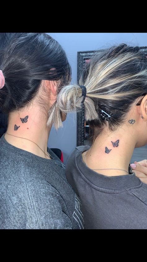 Matching Best Friend Tattoos Behind Ear, Best Friend Ear Tattoos, Matching Butterfly Tattoos, Matching Best Friend Tattoos, Bff Tattoos, Butterfly Tattoos, Matching Tattoo, Best Friend Tattoos, Friend Tattoos