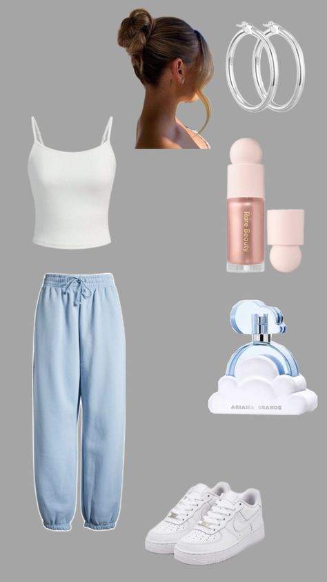 light blue brandy melville sweatpants, ariana grande cloud perfume, clean girl aesthetic Outfits With Blue Sweatpants, Light Blue Sweatpants Outfit, Blue Sweatpants Outfit, Ariana Grande Cloud Perfume, Light Blue Sweatpants, Cloud Perfume, Perfume Clean, Brandy Melville Sweatpants, Simple Outfits For School