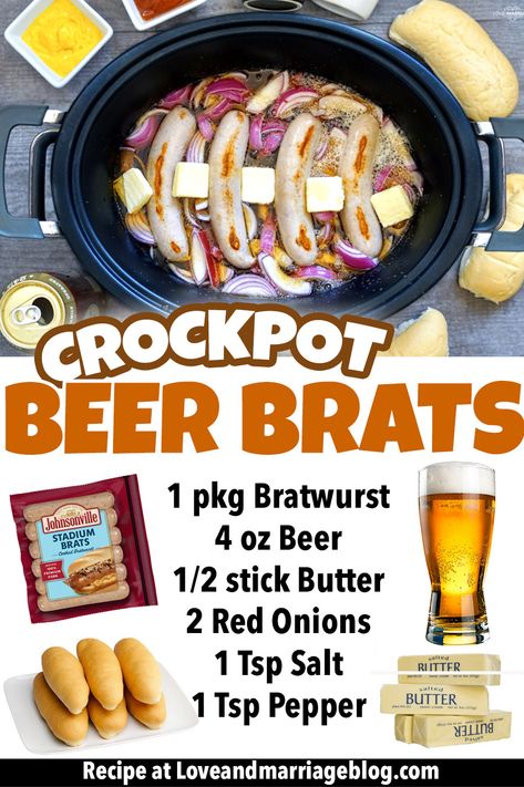 Crock Pot Beer Brats, Crockpot Brats Slow Cooker, Beer Brats Crockpot, Bratwurst Recipes Crockpot, Brats In Crockpot, Brat Recipe, Beer Brats Recipe, Baseball Food, Octoberfest Party