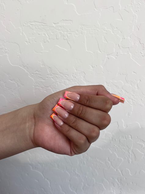 instagram: polishedbyams french tip nails, summer nails, trendy nails, nail art, nail designs, nails Light Pink And Orange Nails, Coral French Nails, Coral French Tip Nails, Summer Nails French Tips, French Tips Summer, Orange French Nails, Coral Ombre Nails, Orange French Tip, French Tip Nails Summer