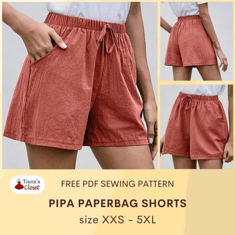 Pipa paperbag shorts free PDF sewing pattern – Tiana's Closet Shorts With Pockets Pattern, Baggy Shorts Sewing Pattern, Free Linen Shorts Pattern, Shorts Pattern Sewing Free, Jean Shorts Sewing Pattern, Elastic Shorts Pattern, Elastic Waist Shorts Pattern Free, Summer Shorts Sewing Pattern, Plus Size Shorts Sewing Pattern