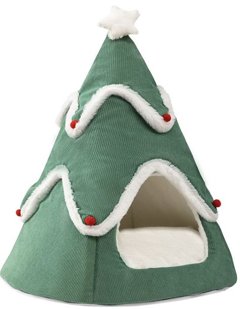 This cat bed looks like a real Christmas tree, gives pets cozy and warm place to snuggle up as a lovely christmas gift. This cat tent is composed of three parts, the top of it can be removable, so you can play with your pet.The tree can be opened through the smooth zipper, then you can get a pet blanket. Christmas For Cats, Christmas Cat House, Cat Christmas Gifts, Christmas Dog Bed, Christmas Tree Bedding, Christmas Cat Tree, Reindeer Pet, Christmas Tree Cat, Christmas Tree Dog