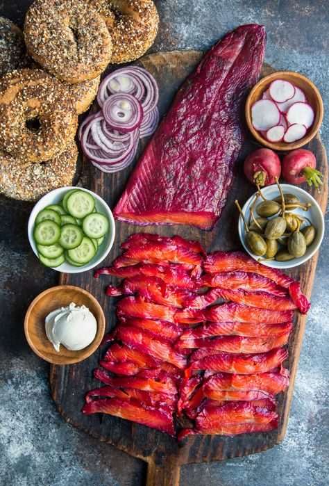 Beet-Cured Gravlax - WILD GREENS & SARDINES Cured Fish, Viking Recipes, Gravlax Recipe, Salmon Lox, Fish Plate, Idee Pasto Sano, Cured Meats, Fish Dishes, Smoked Salmon