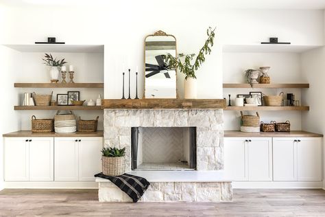 ✨NEW BUILD PROJECT REVEAL FINAL DAY✨ LIVING ROOM This beautiful living space flows to the kitchen for a perfect open concept design! Cabinetry, shelving, stained beams, and a quartz capped hearth work together to complete the welcoming look and feel! Design: @ Builder: @ Photography: Styling accessories: @wl #finalday #newbuild #livingspace #conceptdesign #lookandfeel #shelves #beams #designing Open Concept Kitchen Living Room With Fireplace, Stained Beam, Open Concept Design, Open Concept Kitchen Living Room, Decor 2024, Open Living Room, Photography Styling, Open Concept Kitchen, New Build