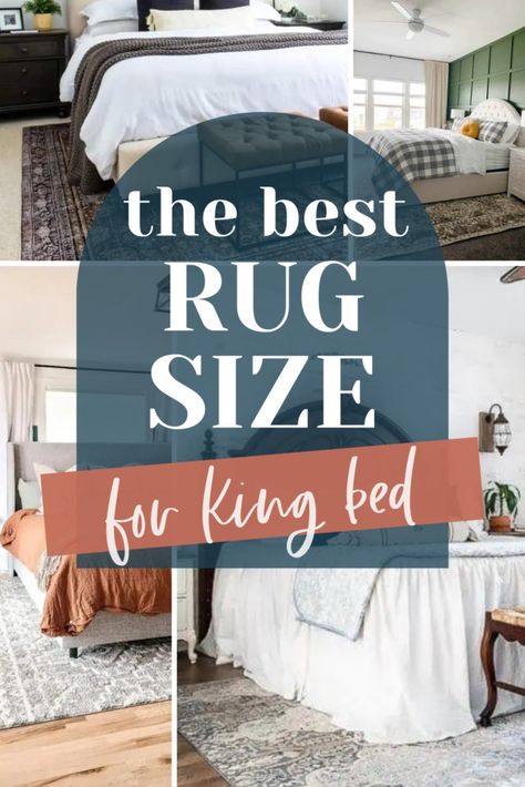 Find the perfect rug size for your king bed! Dive into our easy guide on Pinterest to ensure your bedroom feels cozy and balanced. Learn expert tips and see inspiring visuals to help you make the right choice. Elevate your bedroom decor effortlessly! Rug Size For King Sized Bed, Runners Around King Bed, King Size Bed Rug Guide, What Size Rug For King Bed, Small Bedroom Rug Placement, Rug In Bedroom How To Place, Bedroom Rug Placement King, Rug Under King Size Bed, Rug Size King Bed