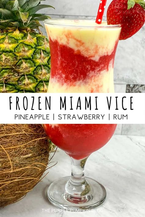 The Frozen Miami Vice Cocktail is the king of hybrid alcoholic drinks and the invention of a beverage genius! It consists of a layered combination of the two very popular cocktails, frozen Strawberry Daiquiris, and frozen Piña Colada. This heady mix of strawberries, rum, limes, pineapple juice, and coconut cream is sure to transport you immediately to a tropical beach! So, if you can’t pick your favourite, no problem, you can have both! Red Lobster Sunset Passion Colada Recipe, Alcohol Slushies Recipes Frozen Drinks, Malibu Rum Drinks Recipes Easy, Frozen Alcoholic Drinks Slushies, Adult Slushies Frozen Drinks, Miami Vice Recipe, Miami Vice Drink Recipe, Frozen Alcoholic Drinks, Miami Vice Drink