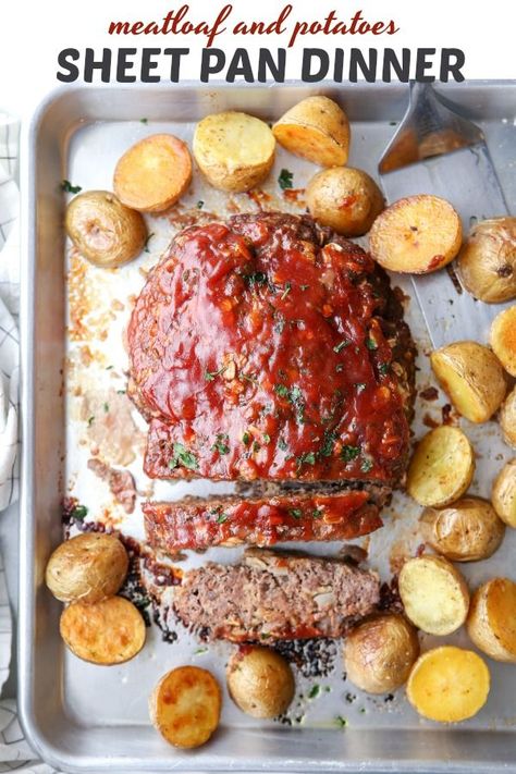 Make tonight’s meal a breeze with this one-pan meatloaf and potato dinner! Meatloaf And Potatoes, Meatloaf Topping, Completely Delicious, Potato Dinner, Sheet Pan Suppers, Sheet Pan Dinners Recipes, Best Meatloaf, Dinners Recipes, Sheet Pan Meals