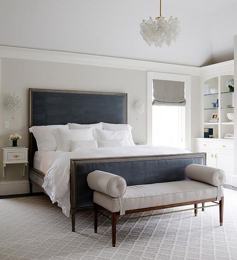 Gray bedroom with blue velvet headboard..normally I hate the idea of a blue velvet/navy blue headboard...but this works really, really nicely! Navy Headboard, Blue Velvet Headboard, Grey Bedroom Design, Blue Headboard, Beautiful Beds, Furniture Bed, Dreamy Bedrooms, Gray Bedroom, Elegant Furniture