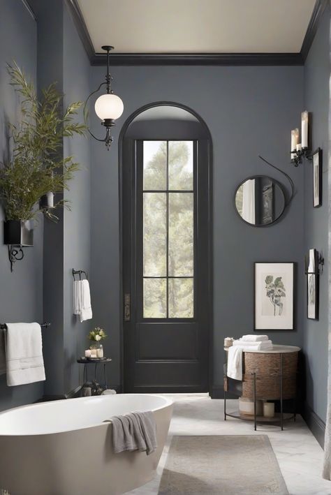 Discover how BM Wrought Iron (2124-10) can bring sophistication and intrigue to your bathroom decor in a daily routine that exudes timeless elegance. #Ad #homedecor #homedesign #bathroom #Painthome interiorarchitecture best Wall Colors for Bathroom Colors Bright Room Colors best colors combinations bathroom bathroom Remodeling Modern Paint Colors 2024 Dark Bathroom Walls Paint, Bathroom Walls And Ceiling Same Color, Bm Intrigue Paint Color, Bm Wrought Iron, Dark Powder Room, Small Dark Bathroom, Colonial Bathroom, Paint Colors 2024, Powder Room Paint Colors