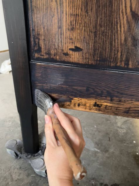 How to Black Wash Furniture - OAK | GRAIN REFINISHING Refinish Dresser Black, Diy Black Wood Stain, Antiquing Furniture, White Wash Black Furniture, Dresser Makeover Black And Wood, Diy Restaining Furniture, Black Rustic Furniture, Black Farmhouse Furniture, Black Wash Dresser