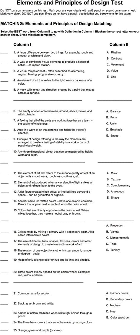 Elements and Principles test Elements And Principles Of Design, Art Rubric, Classe D'art, Art Handouts, Art Test, High School Art Lessons, Art Theory, Art Teaching, Art Elements