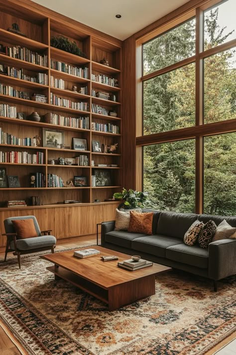 Cozy mid-century living room with a large bookshelf and forest view. Get ready to shake up your space with mid-century modern living room ideas that will have your furniture feeling groovy and your guests wondering where you parked the time machine. Craftsman Living Room Design, Frank Lloyd Wright Living Room, Mid Century Home Aesthetic, Mid Century Modern New Build, New Build Mid Century Modern, Mid Century Log Cabin, Mid Century Lodge, Mid Century Interior Design Living Room, 70s Bookshelf