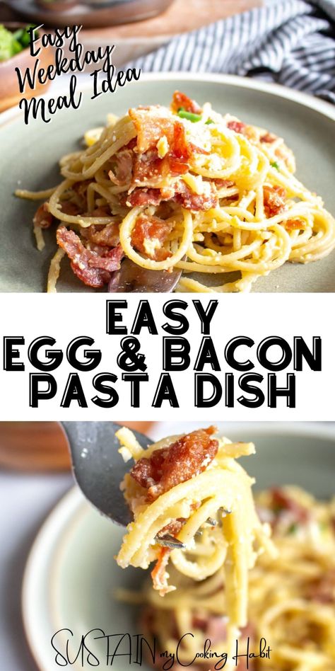 Combining crispy bacon and savory eggs with spaghetti noodles to make an easy pasta dish at home when both time and ingredients are limited. #sustainmycookinghabit Spaghetti Eggs Recipes, Egg On Pasta, Pasta With An Egg, Bacon And Egg Pasta, Spaghetti Bacon Recipes, Bacon Noodles Recipe, Spaghetti With Bacon Recipes, Carbonara Pasta With Bacon, Pasta And Eggs Recipe