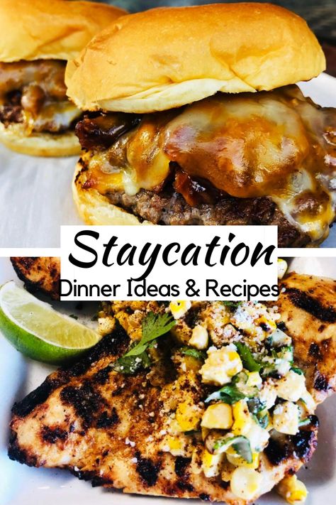 Eat like you're on vacation while staying at home in this week's Staycation Weekly Meal Plan #mealplanning #mealprep #whatsfordinner Staycation Food Ideas, Vacation Dinners, Cottage Meals, Burger Side Dishes, Beach Dinner, Weekend Dinner, Friends Food, Weekly Meal Plan, Food Fantasy