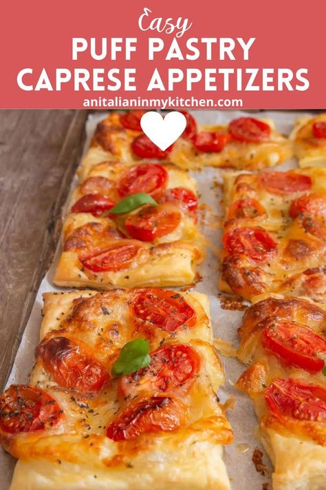 Packed with flavor, these Puff Pastry Caprese Appetizers are a delicious twist on the classic Caprese salad combining juicy tomatoes, creamy mozzarella and fragrant basil with the buttery and flaky texture of puff pastry! They are simple to make and perfect for entertaining year round! Tomato Basil Tart, Caprese Appetizer, Puff Pastry Recipes Savory, Tomato Caprese, Delicious Pizza Recipes, Puff Pastry Appetizers, Easy Puff, Hand Pie Recipes, Puff Pastry Tart