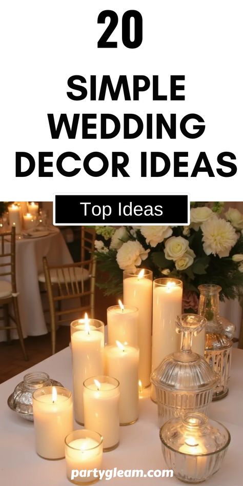 Planning your wedding should be fun and exciting! Discover 20 simple wedding decor ideas that will transform your venue into a magical space. Whether you're looking for beautiful candle arrangements or chic alternatives to traditional floral displays, these ideas are budget-friendly and stress-free. From unique lighting techniques to clever use of colors and themes, find all the inspiration you need for an unforgettable day. Explore fresh takes on decor that enhance ambiance without breaking the bank! Minimal Engagement Decor At Home, Bride Table Decoration Ideas, Simple Wedding Table Centerpieces Diy, Simple Wedding Ideas On A Budget, Simple Wedding Flowers Centerpieces, Cheap Wedding Ideas On A Budget, Candles And Greenery Centerpiece, House Wedding Ideas Small Indoor, Wedding Tables Ideas