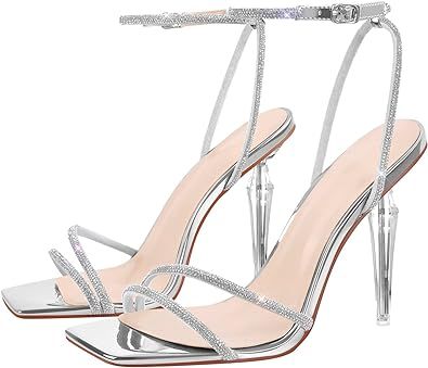 LISHAN Womens' Clear Square Toe Heel Sandals Bow Knot Strappy Stiletto Heels Thigh High Sandals, Summer Sandals Heels, Gladiator High Heels, Clear High Heels, Glitter High Heels, High Sandals, Silver High Heels, Strappy Stilettos, Plastic Shoes