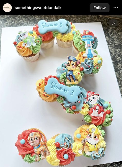 Number 3 Paw Patrol Cupcake Cake, Number 3 Paw Patrol Cake, 3 Cupcake Cake Number, Paw Patrol Desserts, Paw Patrol Number Cake, Paw Patrol Cupcake Cake, Cupcakes Paw Patrol, Paw Patrol Birthday Party Cake, Third Birthday Boys