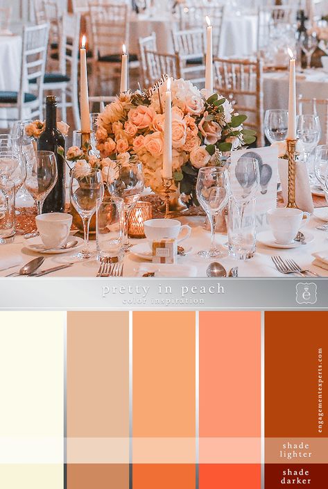 Call it peach, salmon, orange, or apricot.... A monochromatic color palette uses just one color in different shades or intensity and takes the guesswork out of choosing a color scheme. #weddingcolors #weddingcolorpalette #weddingcolorschemes Peach Orange Gold Wedding, Peach Orange Wedding Theme, Dark Peach Wedding Theme, Peach Wedding Theme Colour Palettes, Peach Themed Wedding Decor, Apricot Color Palette Colour Schemes, Peach Shades Color Schemes, Terracotta And Peach Wedding Palette, Wedding Colour Schemes Orange