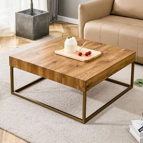 Amazon.com: Ganooly Mid Century Modern Square Coffee Table with Wood-Looking Finish and Dark Gold Metal Base, 31.5 Inch Farmhouse Accent Coffe Tables for Living Room Reception Office Apartment Small Space : Home & Kitchen End Table Ideas, Square Wood Coffee Table, Retro Dining Table, Modern Square Coffee Table, Neutral Living Rooms, Bar Corner, Entry Living Room, Functional Home Decor, Everyday Home Decor