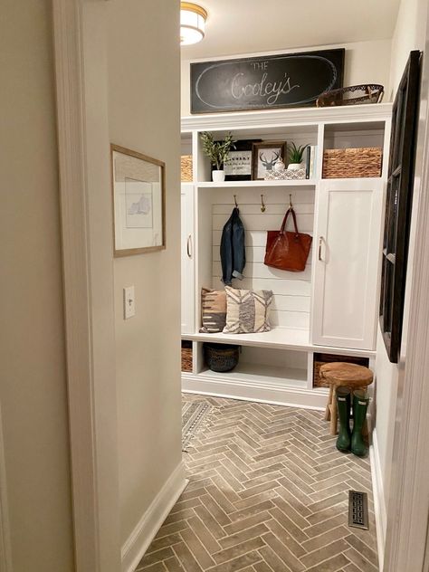 #mudroom #brickfloors #herringbonepattern #shiplap #semiflushmount Mudroom With Refrigerator, Glass Front Refrigerator, Outside Mount Roman Shades, House Anniversary, Laundry Room/mud Room, Then Vs Now, Upstairs Hallway, White Shelves, Half Bathroom