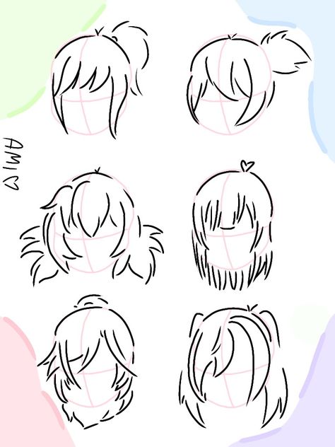 Hair Drawing Reference Easy, Drawing Hair Texture, Fluffy Bangs Drawing, Cute Art Styles Hair, Hair Drawing Reference Chibi, How To Draw Cute Hairstyles, Hair Drawing Pigtails, Pig Tail Drawing, Short Ponytail Drawing