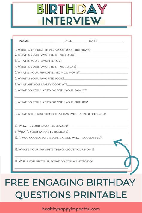 Birthday interview printable with questions about favorites, special memories, and future goals for kids to fill out. Interview Questions For Kids, Birthday Interview Questions, Birthday Questions, Birthday Trivia, Best Interview Questions, Birthday Interview, Questions To Get To Know Someone, Questions For Kids, Topics To Talk About