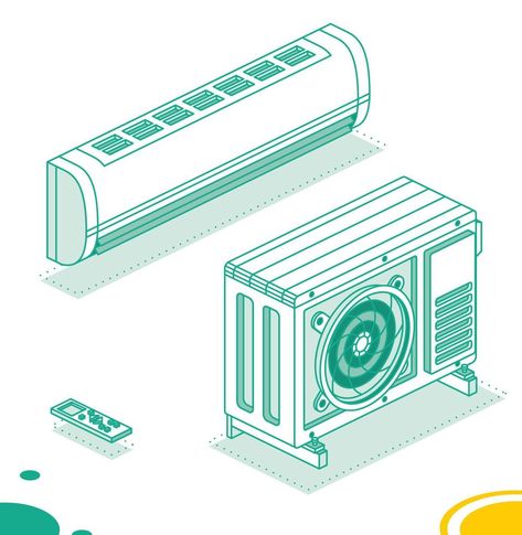 Air Conditioning System. Isometric Outline Concept. Outdoor Unit with Indoor and Remote Controller. Air Conditioner Design, Orthographic Drawing, Split System Air Conditioner, Air Conditioning Maintenance, Hvac Unit, Split System, Ac Units, Bday Cake, Air Conditioners