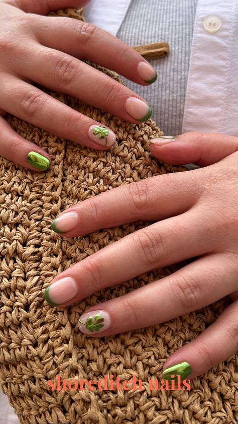 Green chrome clover nails, clover nails, green chrome nails, chrome french nails Four Leaf Clover Nails, Nails Green Chrome, Clover Nails, Chrome French Nails, Green Chrome Nails, Chrome French, Nails Chrome, Nails Green, Green Chrome