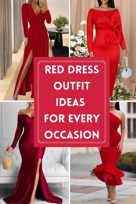 Red dress Red Wedding Guest Dress Winter, Red Midi Dress Outfit Winter, Red Dinner Dress Black Women, Satin Red Dress Outfit, Red Formal Dress Outfit, Valentine Dress For Women Classy Night, Red Midi Dress Outfit Classy, Red Christmas Dress Women Classy, Shoes For Red Dress Classy