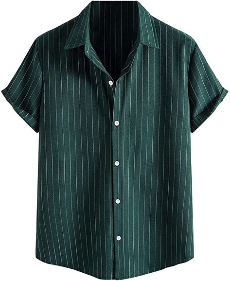 SOLY HUX Men's Striped Short Sleeve Shirt Casual Button Down Top Dark Green S at Amazon Men’s Clothing store Summer Streetwear, Striped Short Sleeve Shirt, Sleeves Clothing, Mens Short Sleeve Shirt, Striped Short, Casual Stripes, Striped Sleeve, Casual Summer Shirts, Men Shirt Style