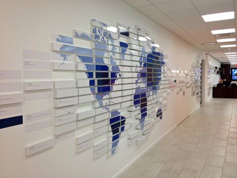 Interactive World Map, Office Wall Design, Donor Wall, Award Display, World Map Decor, Eco Decor, Office Hallway, Environmental Graphic Design, Creative Display