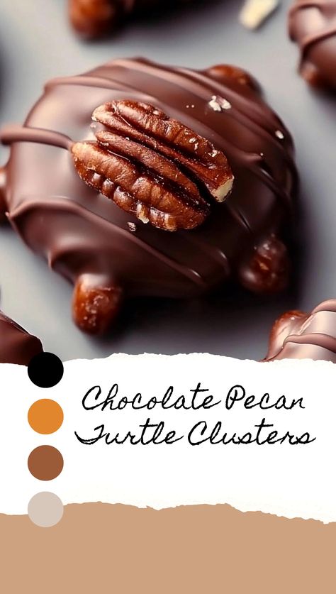 Indulge in the perfect harmony of crunchy pecans, luscious caramel, and smooth chocolate with these irresistible Turtle Clusters. A slice of dessert paradise in every bite! Chubby Hubby Clusters Recipe, Chocolate Covered Turtles Caramel Pecan, Pecan Chocolate Clusters, Turtle Pecan Clusters, Turtle Clusters Recipe, Carmel Turtles Homemade, Chocolate Caramel Turtles, Chocolate Pecan Turtle Clusters Recipe, Pecan Clusters Turtles