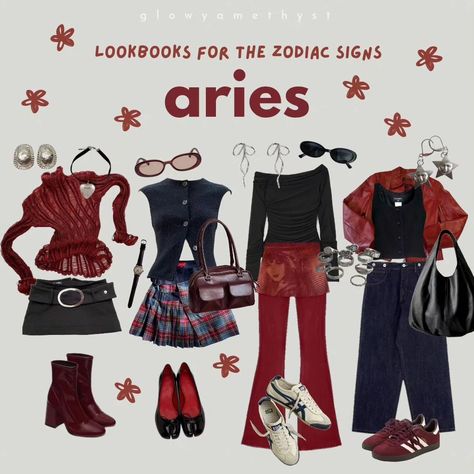 🌟 lookbooks for zodiac signs part 1/3 ✨️ • whats ypur sign? im a virgo 💌 • fc: 107k date: july 30th • tags: #glowyamethyst #moodboard #moodboards #zodiacsigns #signs #capricorn #aquarius #pisces #aries Fire Sign Aesthetic Outfits, Aries Zodiac Outfits, Fire Sign Outfits, Dress Like Your Venus Sign Aries, Aries Fashion Style, Aries Rising Outfits, Aries Fashion Aesthetic, Aries Outfits Style, Aries Lookbook