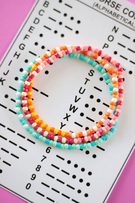 Secret Code Bracelet, Friendship Bracelets Classroom, Morse Code Bracelet Diy Seed Beads, Seed Bracelets Ideas, More Code Bracelet, Stretchy Seed Bead Bracelets Diy, Morsecode Bracelets Diy, Morse Code Bracelet Ideas, Mores Code Bracelets